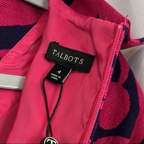 Talbots Pink & Navy Blue Floral Linen Capped Sleeve Dress Size 4 - Picture 3 of 5